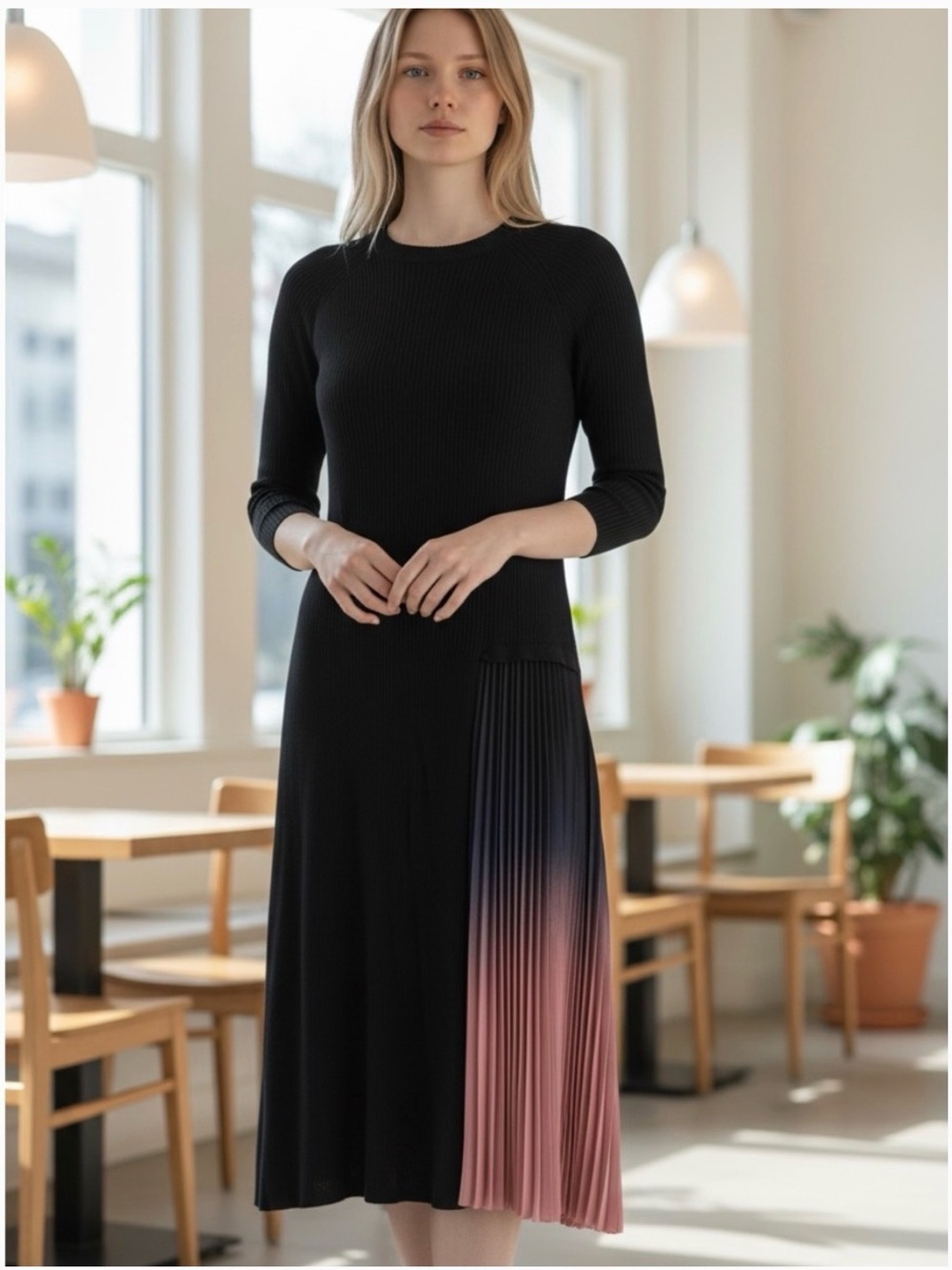 New Dalia McPhee Black Midi Knit Dress w/ Pink Ombre Pleat insert. Sexy. Artsy